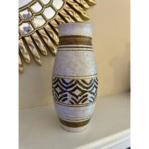 Vintage 70s Earth Tones Ceramic Vase Tribal Mid Century Modern Pottery 10" Tall